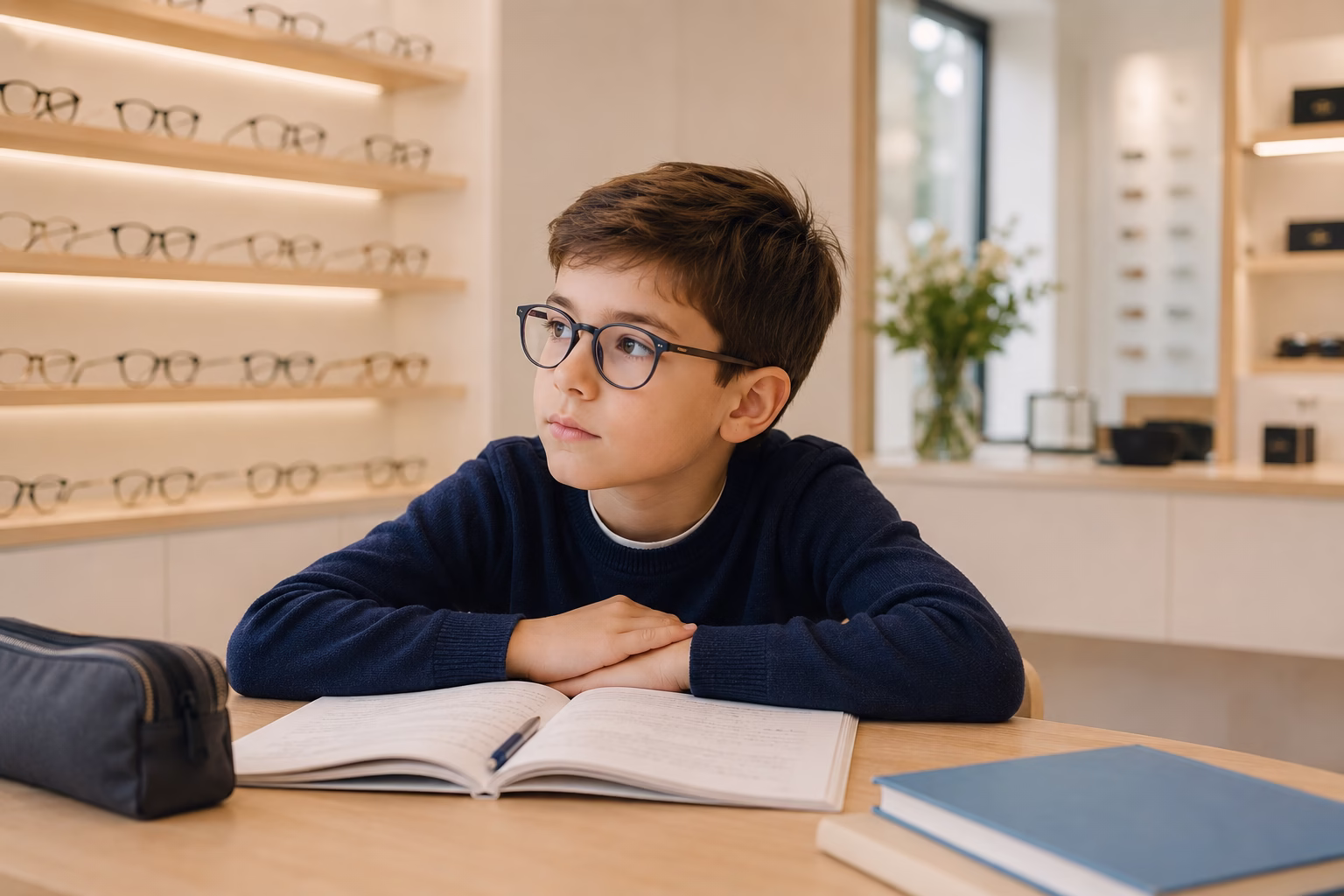 Enfant portant des lunettes dans une boutique d’optique à Paris 16, illustrant la myopie chez l’enfant