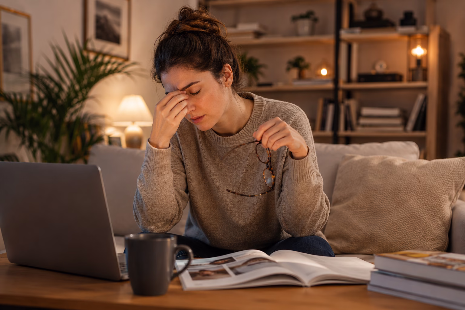 Femme fatiguée devant un ordinateur en fin de journée, illustrant une vision floue et une fatigue visuelle liée aux écrans.